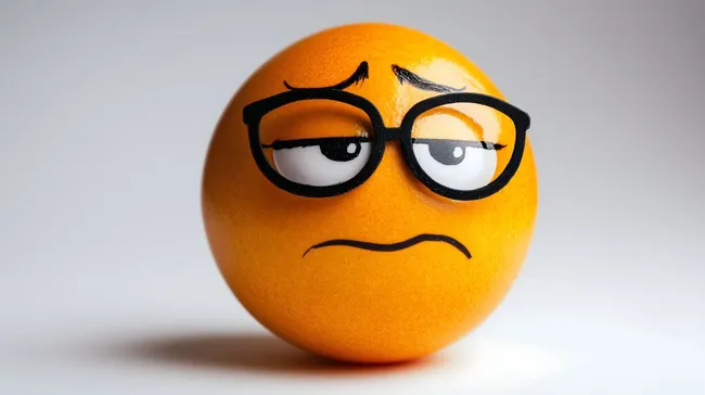 Lustiger Gesichtsausdruck einer orangefarbenen Kugel mit Brille