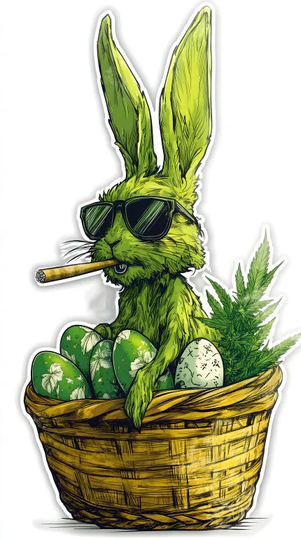 Lustiger Häschen-Charakter mit Sonnenbrille und Joint im Osterkorb
