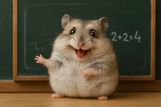 Lustiger Hamster grinst vor Schultafel mit Rechenaufgabe