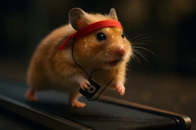 Lustiger Hamster trainiert auf Laufband mit Stirnband und Musikplayer