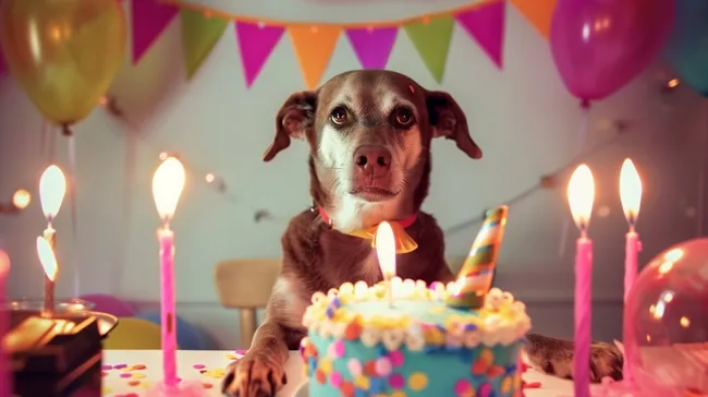 Lustiger Hund feiert Geburtstag mit Kuchen und Luftballons