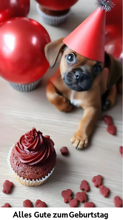 Lustiger Hund mit roter Partymütze und Geburtstags-Cupcake