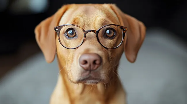 Lustiger Labrador mit Brille schaut in die Kamera