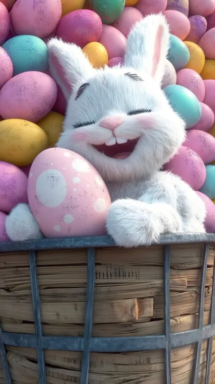 Lustiger Osterhase in Korbvoll bunter Eier