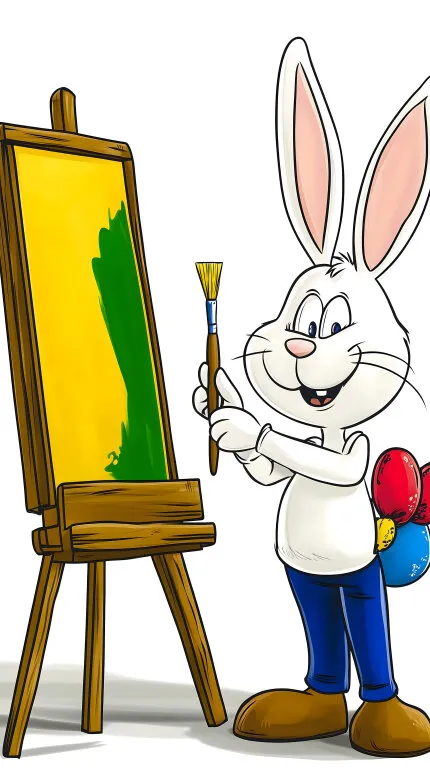 Lustiger Osterhase malt fröhliches Bild auf Staffelei