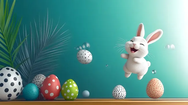 Lustiger Osterhase mit bunten Eiern vor grünem Hintergrund