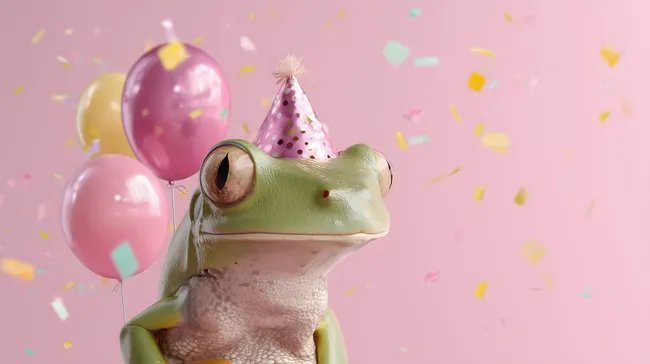 Lustiger Partyfrosch mit Luftballons auf rosa Hintergrund