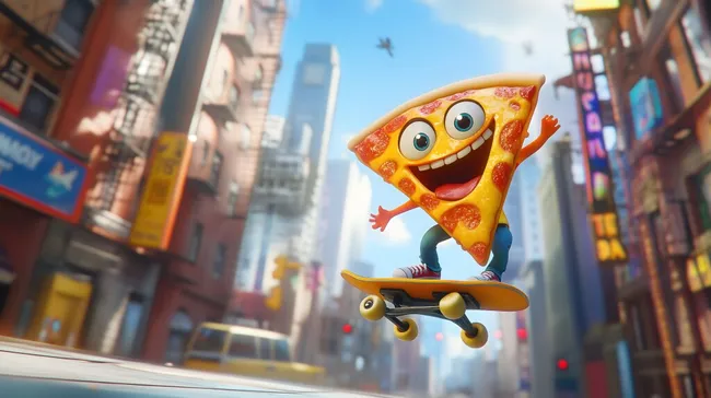 Lustiger Pizzastück-Skateboard-Fahrer in der Stadt