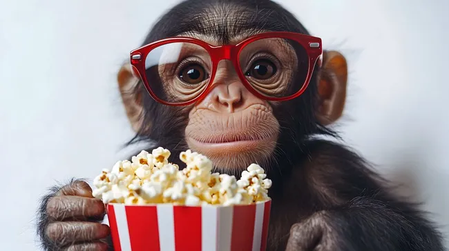 Lustiger Schimpanse mit Brille und Popcorn
