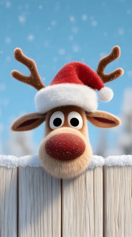 Lustiger Weihnachtsmann-Rentier-Cartoon vor Holzzaun