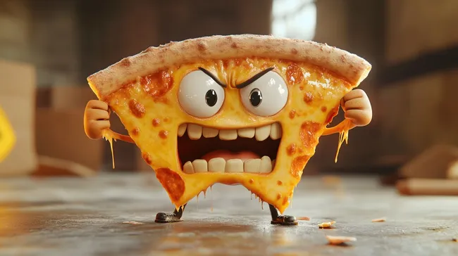 Lustiges Cartoon-Pizza-Monster mit wütendem Gesichtsausdruck