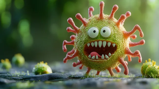 Lustiges Corona-Virus Cartoon mit großen Augen und Zähnen