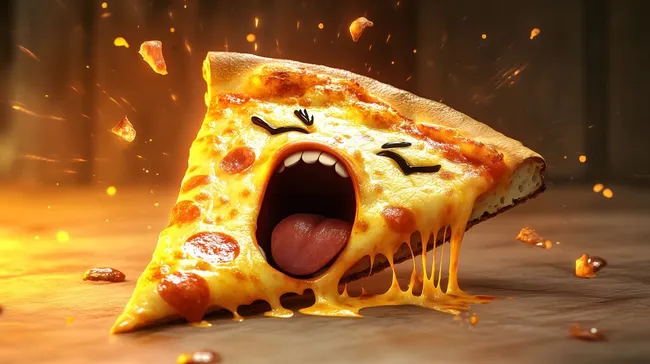Lustiges Pizzastück mit energieleerem Gesichtsausdruck