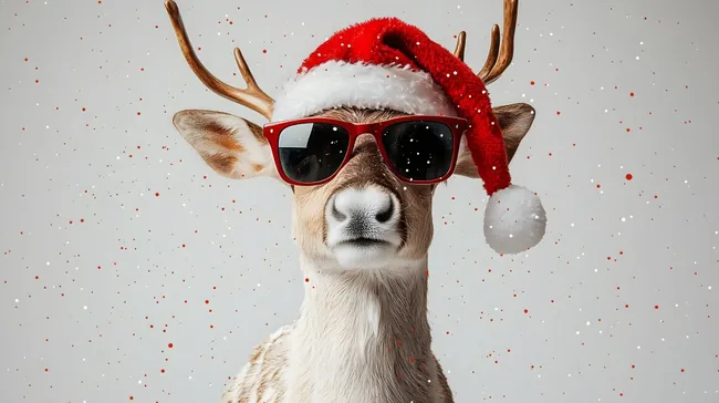Lustiges Rentier mit Weihnachtsmütze und Sonnenbrille