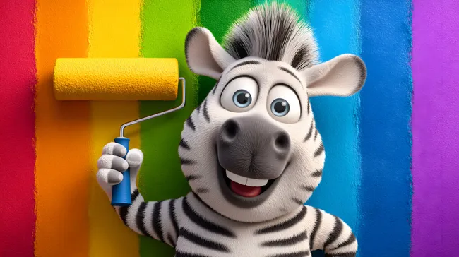 Lustiges Zebra mit Farbroller vor bunter Wand