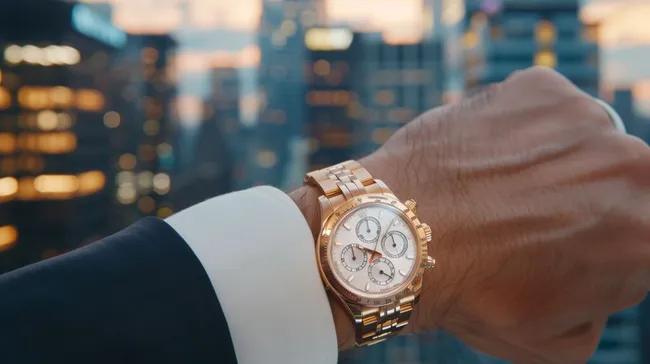 Luxuriöse Armbanduhr vor Stadtpanorama