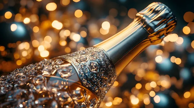 Luxuriöse Champagnerflasche mit funkelnden Kristallen verziert