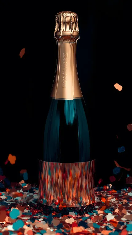Luxuriöse Champagnerflasche mit Golddekor und Konfetti