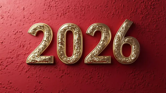 Luxuriöse goldene Jahreszahl 2026 vor roter Wand