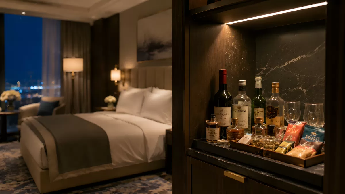 Luxuriöse Hotelbar mit Whisky und Snacks am Abend