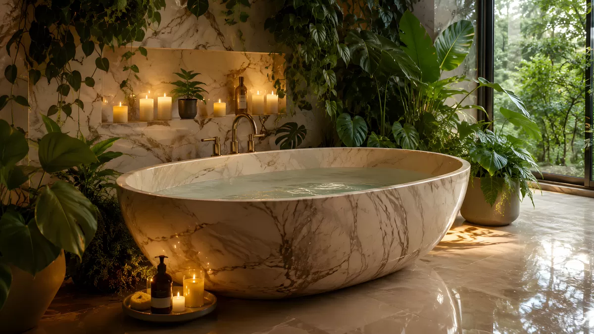 Luxuriöse Marmor-Badewanne im botanischen Wellness-Bad