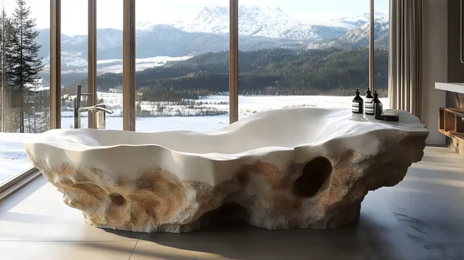 Luxuriöse Natursteinbadewanne mit Bergpanorama