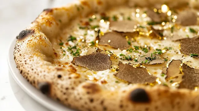 Luxuriöse Pizza mit weißen Trüffeln und Golddekor
