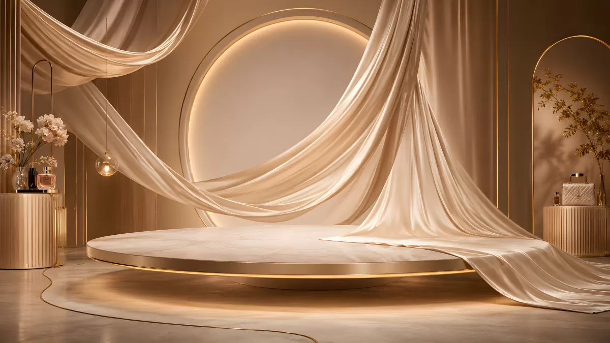 Luxuriöse Präsentationsbühne mit goldenem Podest und Seide