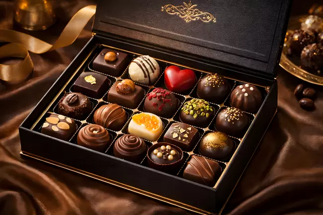 Luxuriöse Pralinen-Auswahl in einer edlen Pralinenschachtel