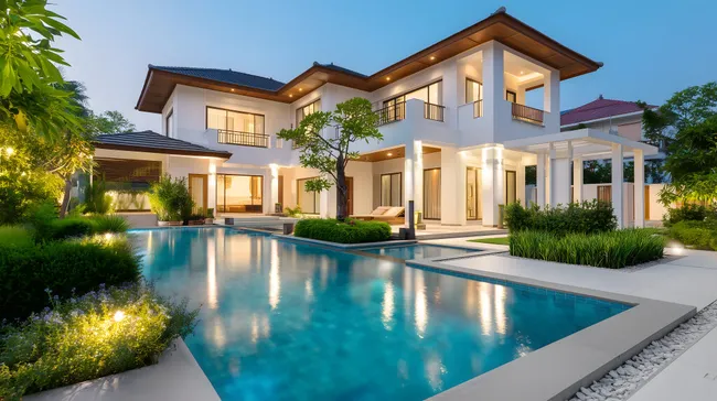 Luxuriöse Villa mit Garten und Pool bei Nacht