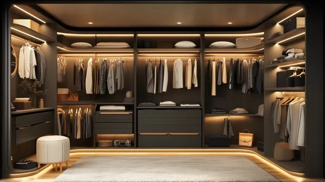 Luxuriöser, begehbarer Kleiderschrank mit Beleuchtung und hochwertiger Mode