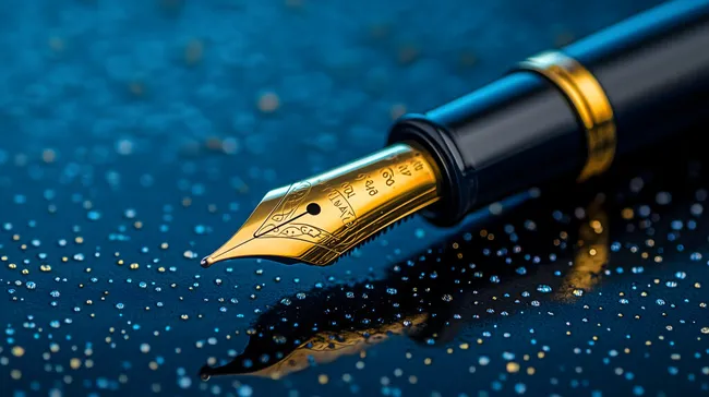 Luxuriöser Füllhalter mit goldener Feder auf blauem Hintergrund