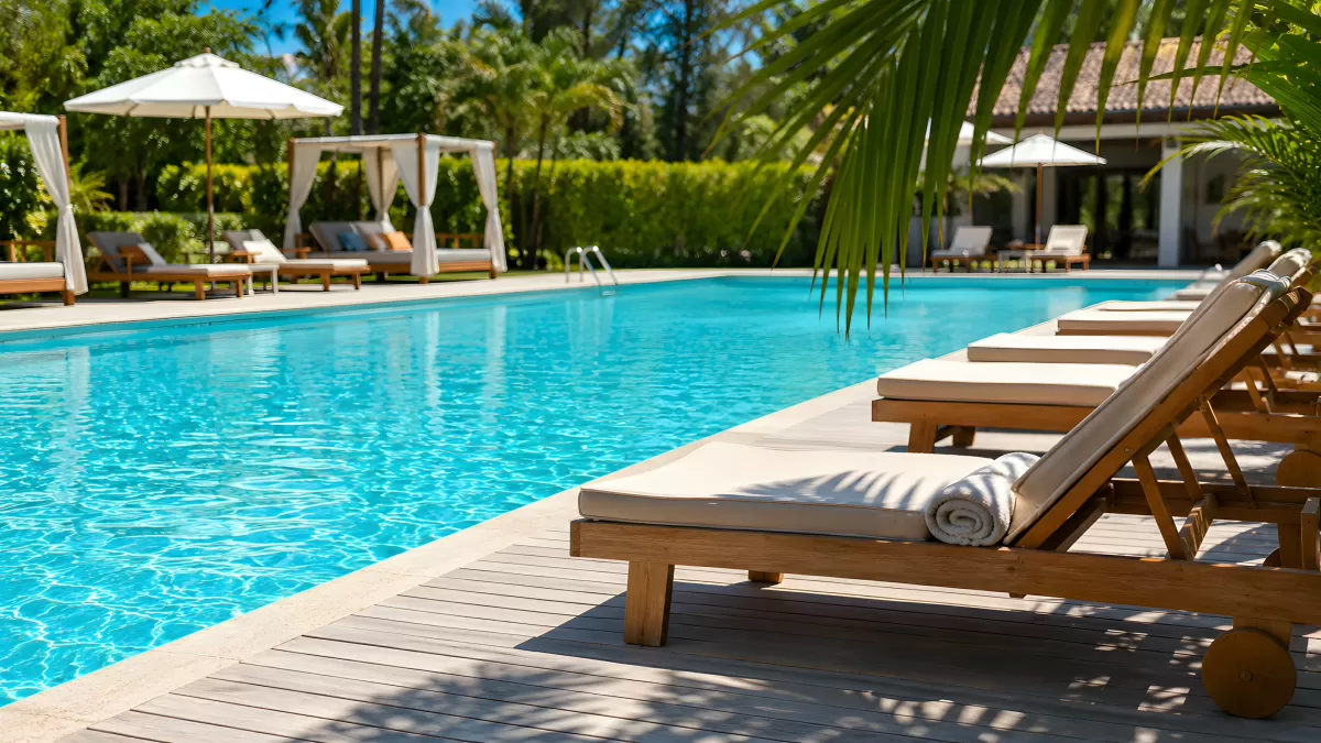 Luxuriöser Hotelpool mit Liegestühlen im Sonnenschein