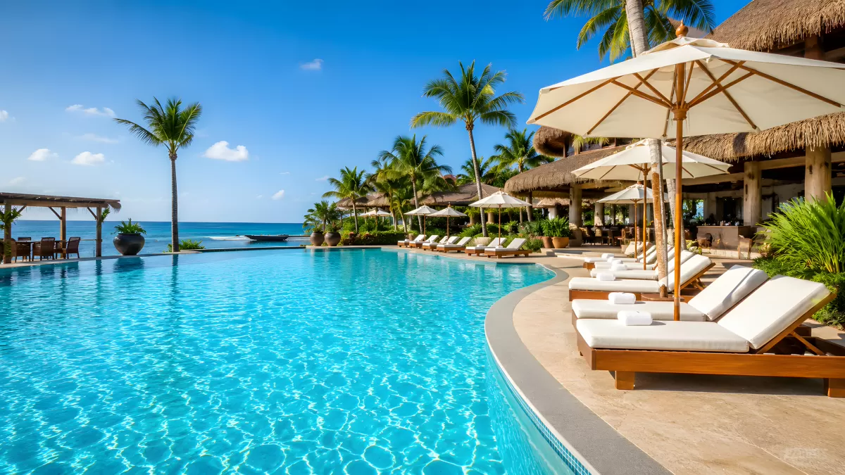 Luxuriöser Infinity-Pool mit Meerblick und Palmen