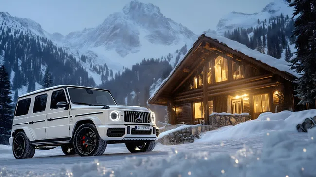 Luxuriöser Mercedes-AMG G63 im verschneiten Bergchalet