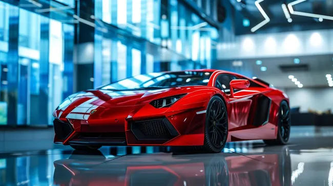 Luxuriöser roter Sportwagen im modernen Ausstellungsraum