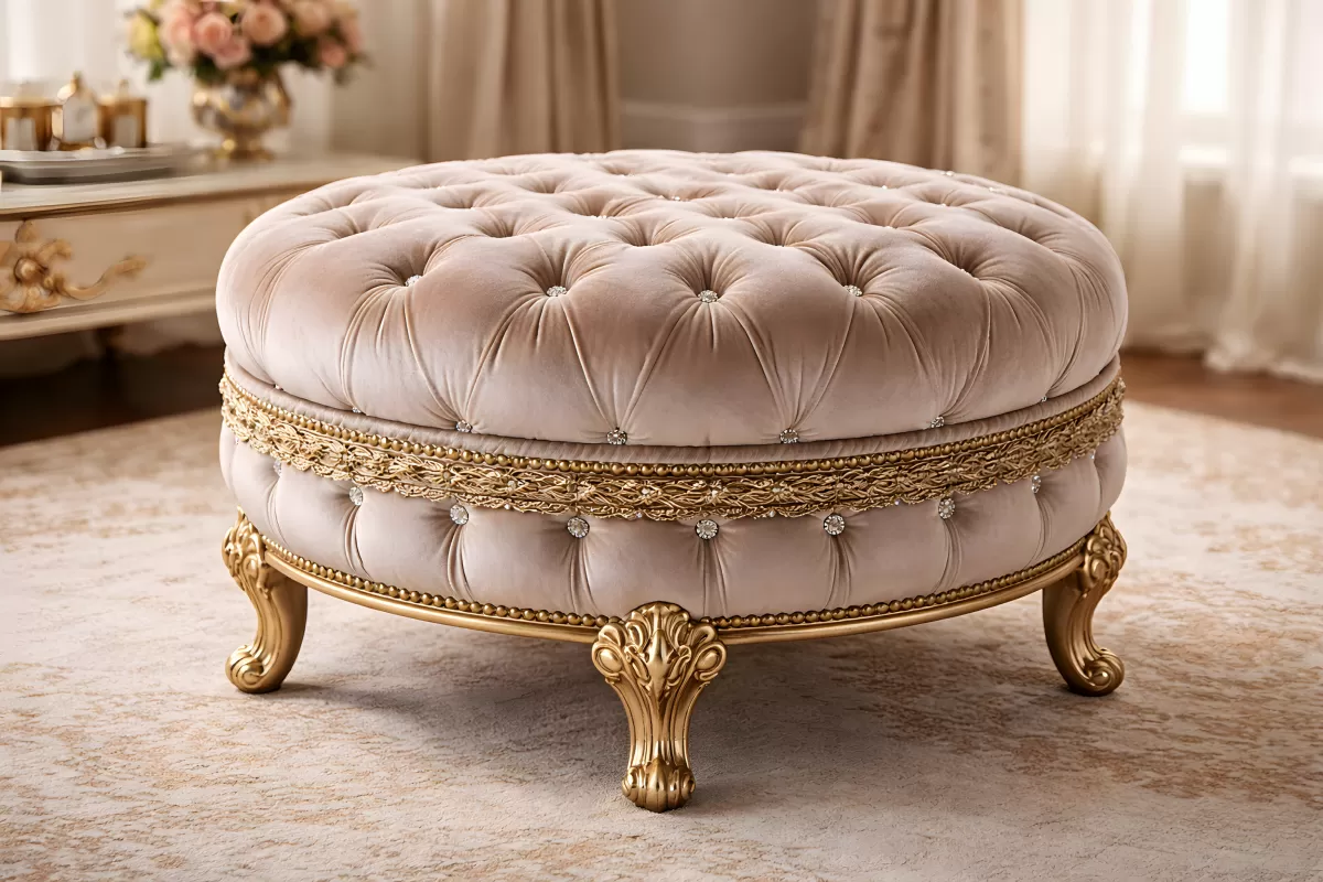 Luxuriöser Rundhocker mit Samtbezug und Goldverzierung