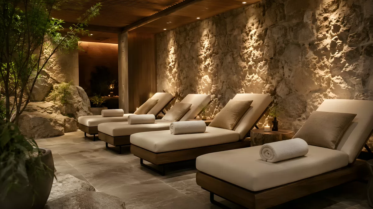 Luxuriöser Spa-Ruheraum mit Natursteinwand und Liegen