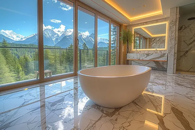 Luxuriöses Badezimmer mit Bergpanorama und Marmorwanne