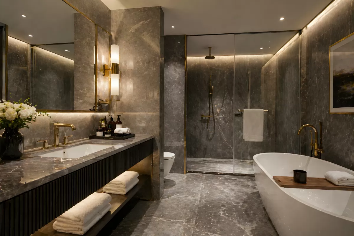 Luxuriöses Badezimmer mit Marmor und Goldakzenten