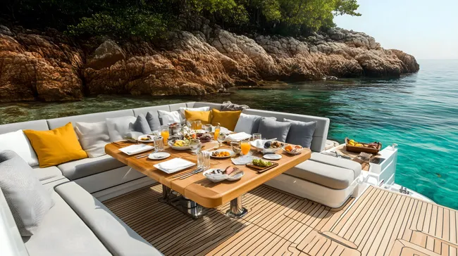 Luxuriöses Frühstück auf einer Yacht mit Meerblick
