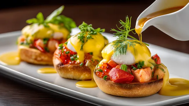 Luxuriöses Frühstück mit Eier Benedict und Lachs