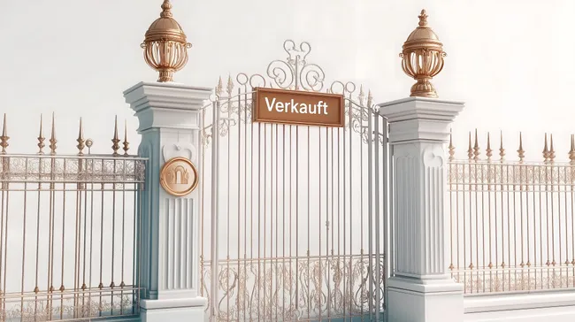 Luxuriöses Gartentor mit Verkaufsschild