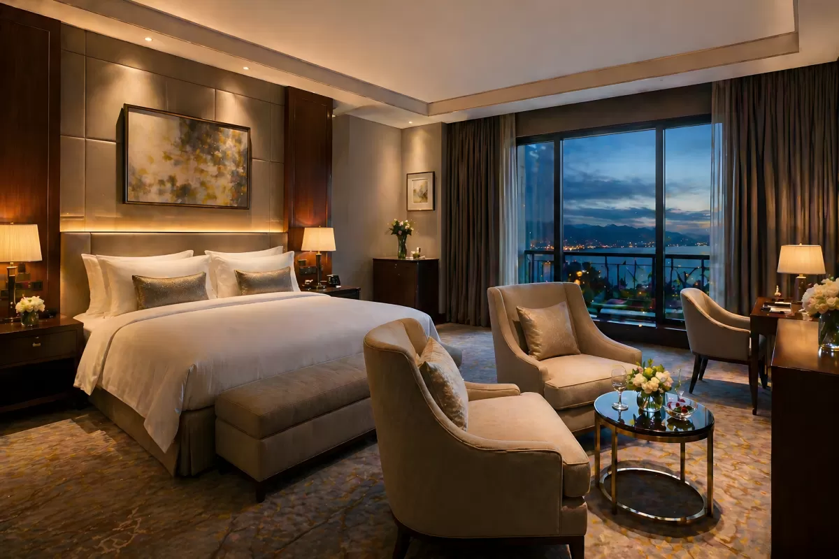 Luxuriöses Hotelzimmer mit Panoramablick bei Nacht