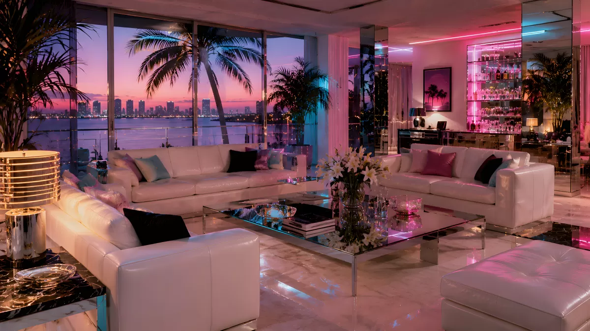 Luxuriöses Penthouse-Wohnzimmer mit Meerblick bei Sonnenuntergang