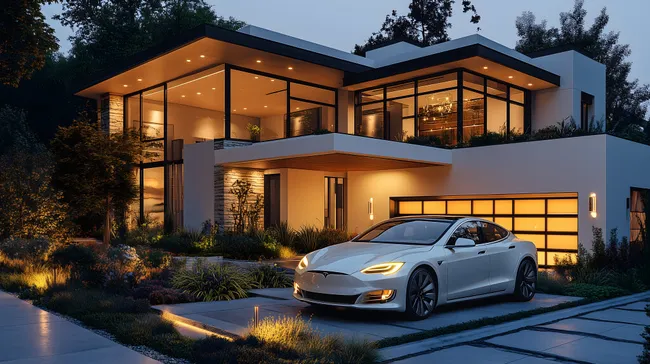 Luxuriöses Zuhause mit Elektroauto in der Abenddämmerung