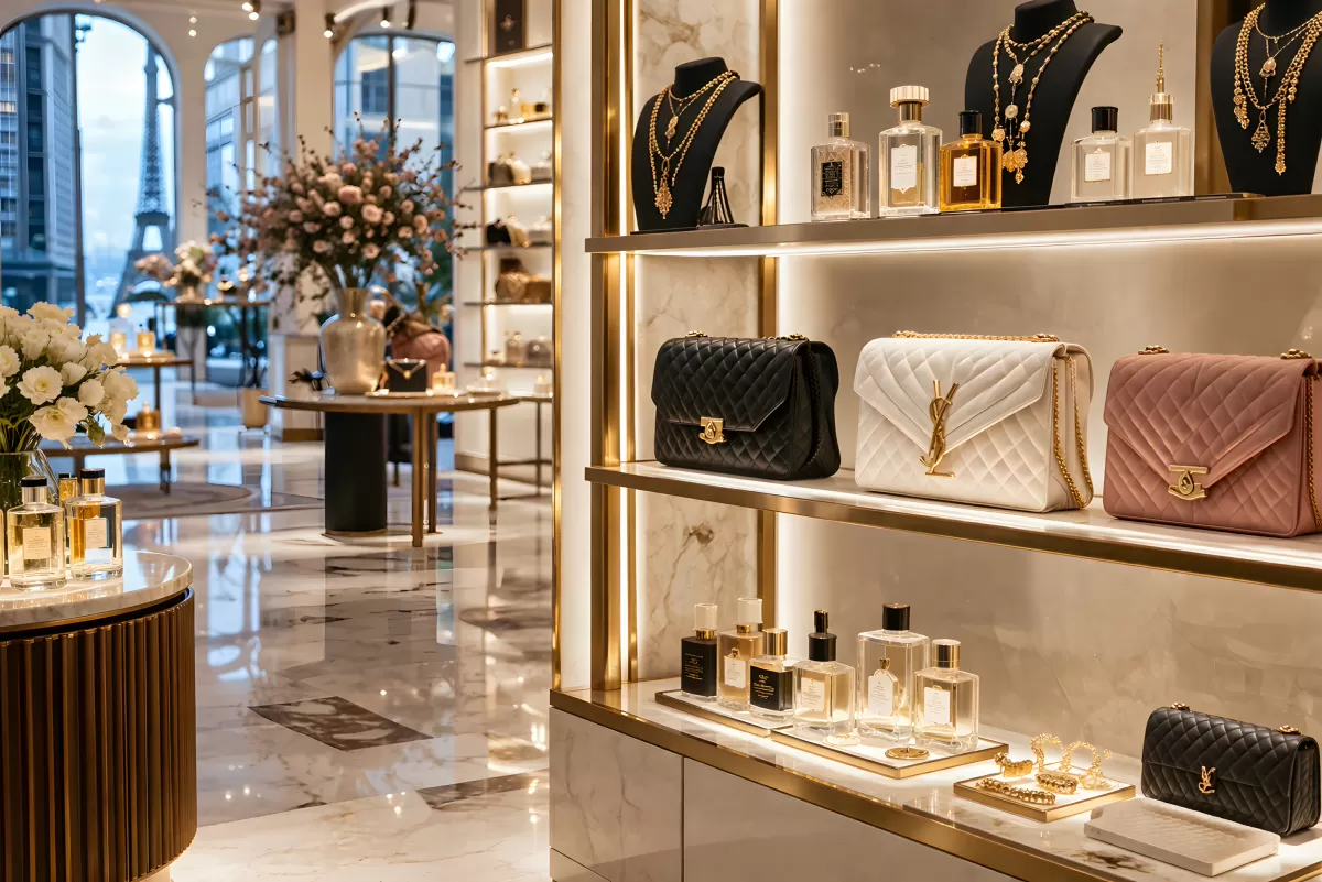 Luxus-Boutique mit Handtaschen Parfums und Schmuck