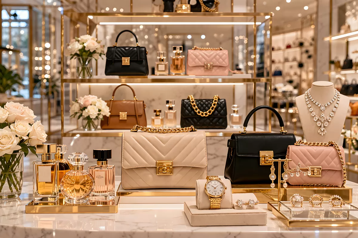 Luxus-Boutique mit Handtaschen, Schmuck und Parfum