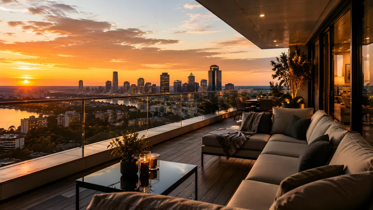 Luxus-Dachterrasse mit Stadtpanorama im Sonnenuntergang