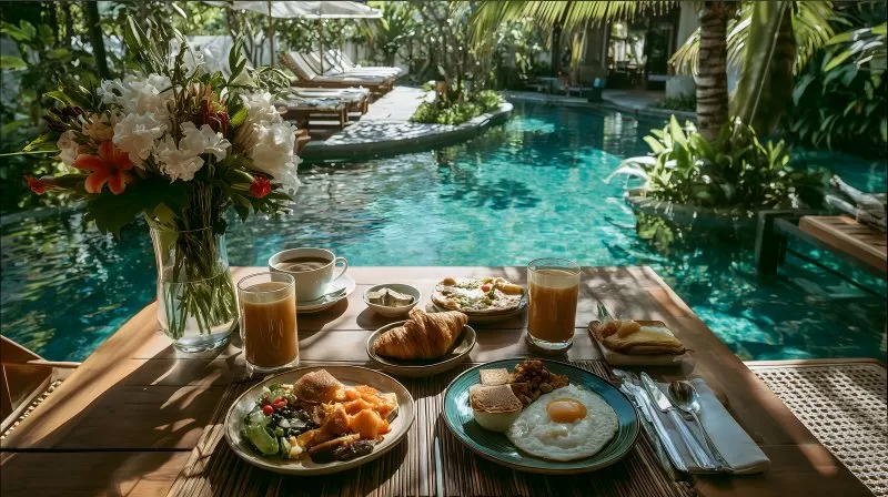 Luxus Frühstück am Pool in tropischem Resort auf Bali